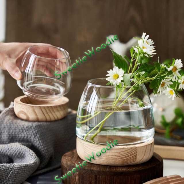 金魚鉢 ガラス製 天然木 丸型 水槽 メダカ鉢 透明 クリア 丸 鉢