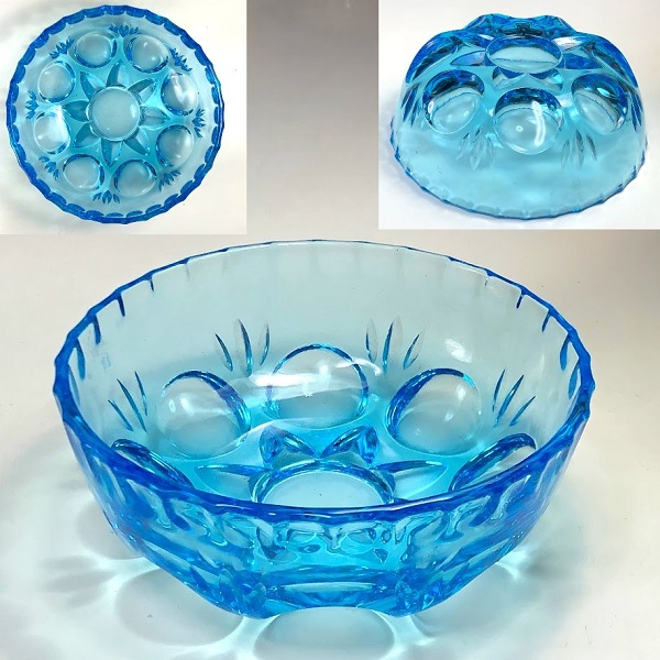 昭和レトロ アンティーク 手作りガラス 切子の灰皿 切子青被せ ガラス