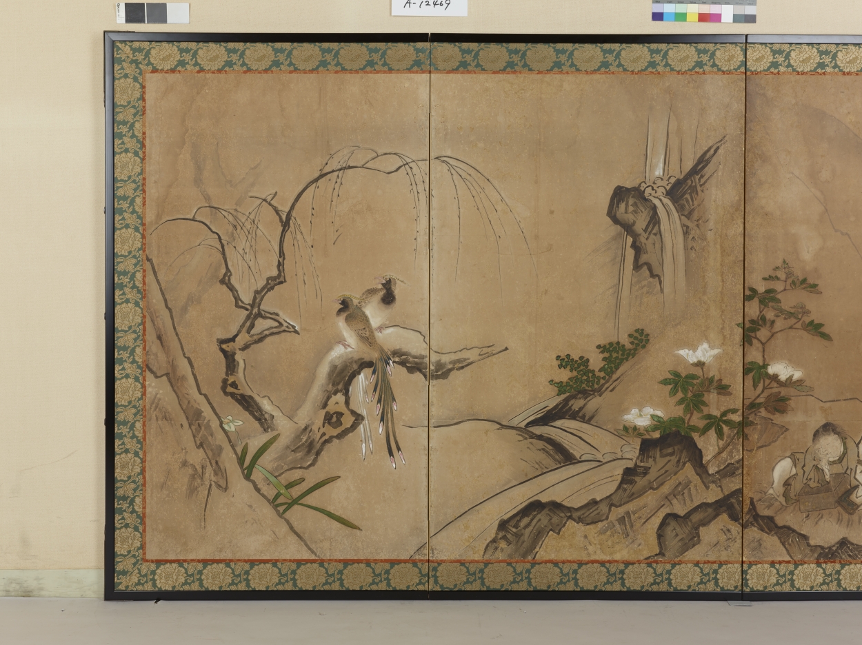 2874 中国美術工芸品四美人花鳥図卓上屏風時代物