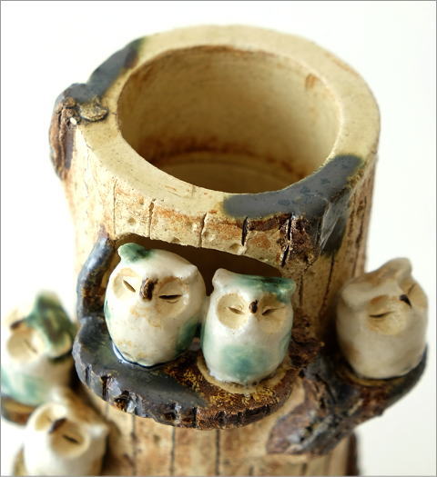 フクロウ 古織部焼 古美術 工芸品 花器 高さ約8cm 置物 インテリア