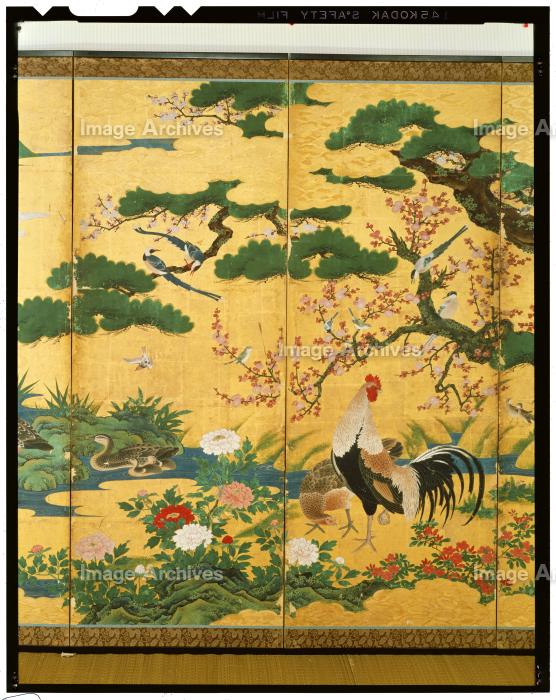 狩野山楽 花鳥図屏風 徳川黎明会 工芸画 六曲一隻 証明シール 極美品 箱付