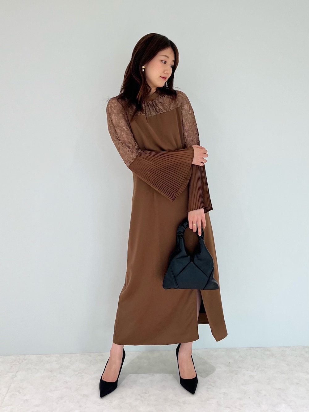 タグ付き LEja レーススリットAラインロングワンピースドレス BROWN