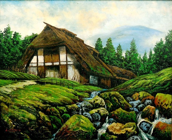 油彩画/風景画 山梨県 忍野村にて 田舎 富士山 茅葺き屋根 油彩画/風景
