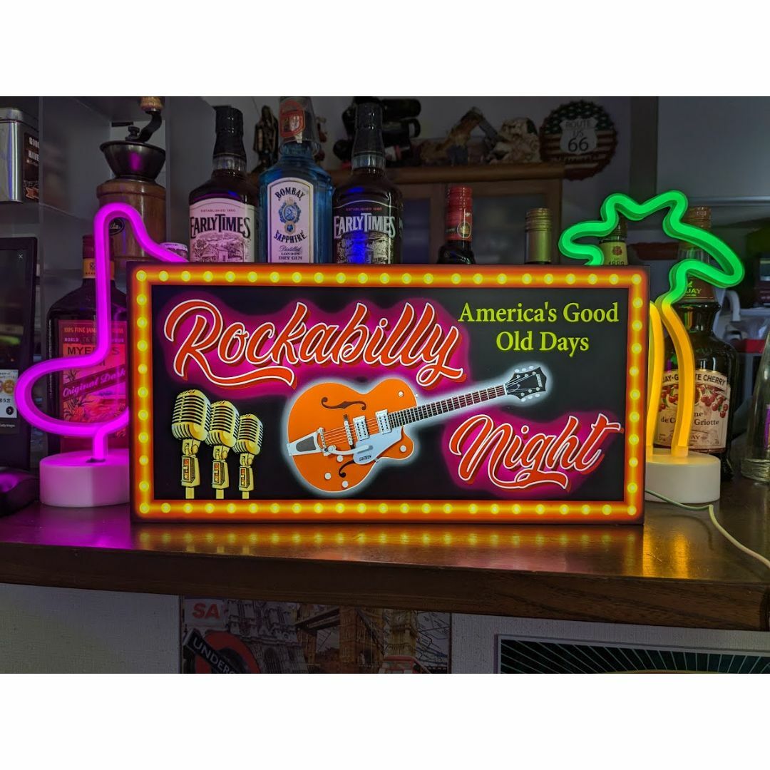 Lサイズ】ロカビリー ギター オールディーズ 看板 置物 雑貨 ライトBOX