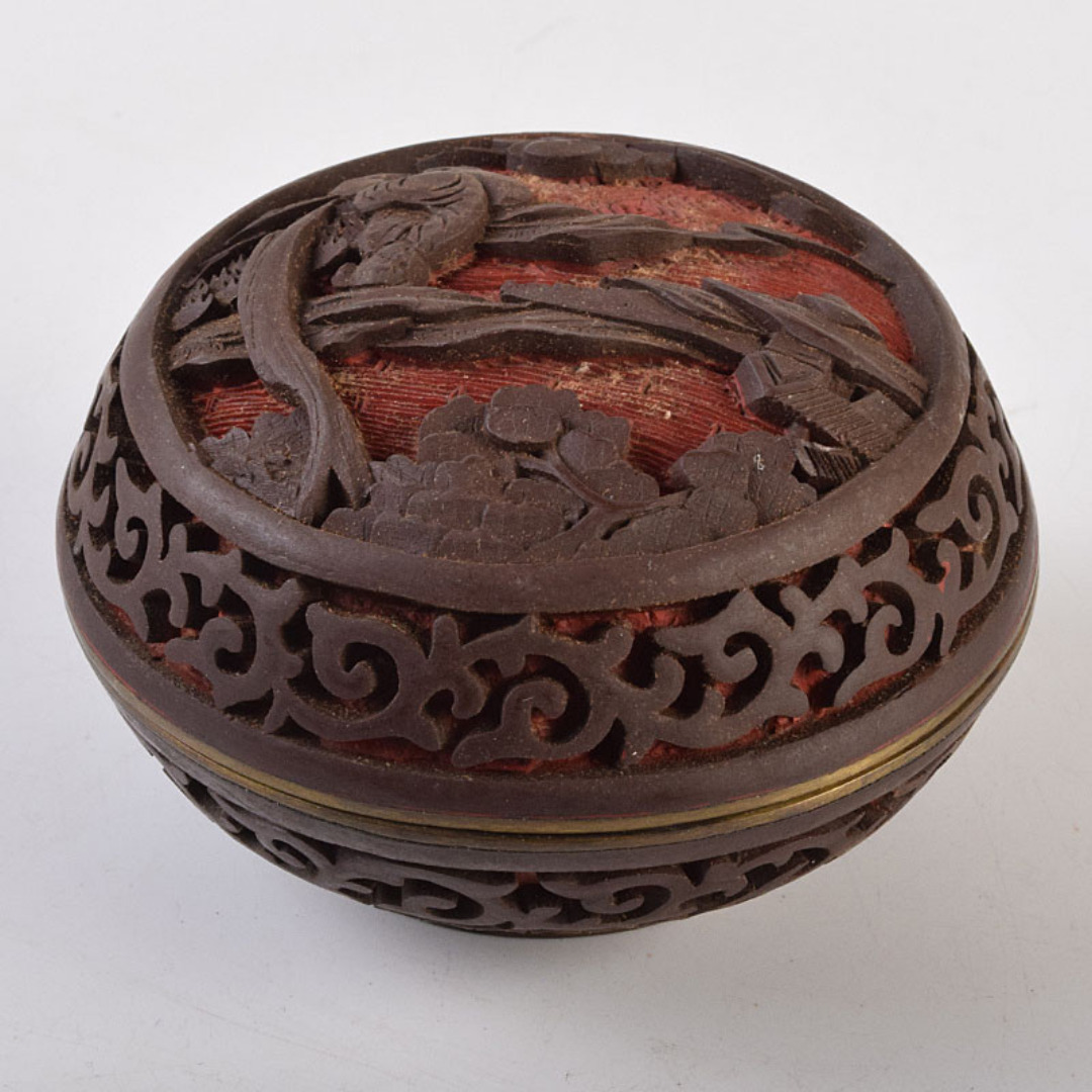 中国 堆朱 堆黒 内七宝 山水人物文 香合 V R9265