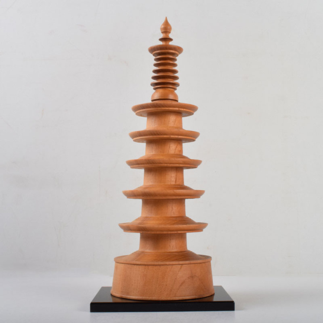 仏教美術 木彫 四天王寺古材 五重塔 多宝塔 百萬塔 台付 共箱 M R9281