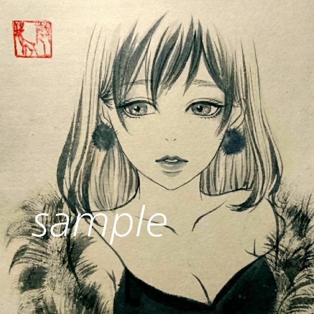 ポストカード プリント 《黒いファーの女性》水墨画 美人画 日本画 の