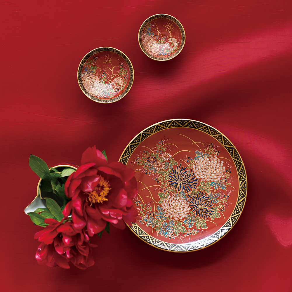 九谷焼 錦山窯三代 人間国宝 吉田美統 ヒワ香釉裏金彩芙蓉香炉 木