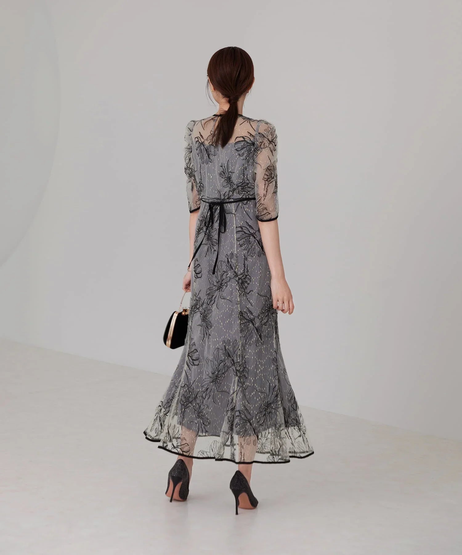 当日発送】花柄リボンパフスリーブマーメイドドレス/パーティードレス