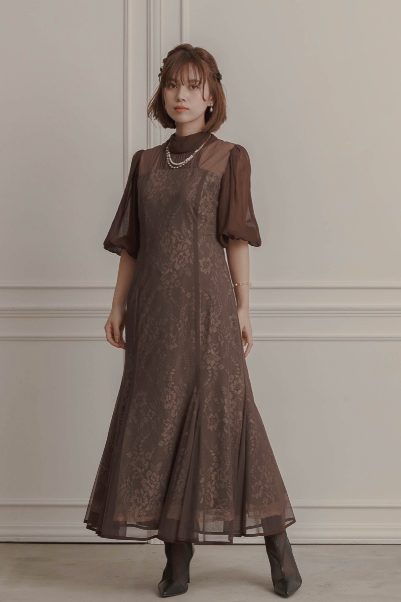 ブラウンのシアーパフスリーブドレス | Dorry doll | M | 結婚式