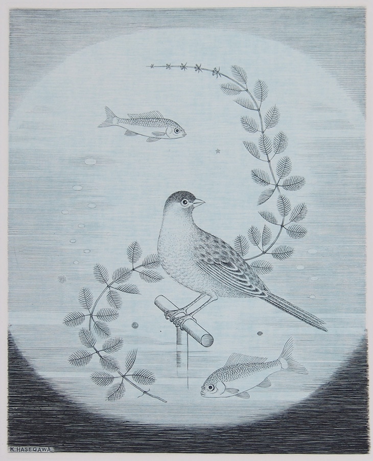 k長谷川潔の500部限定作品 「小鳥と二葉」真作保証｜k