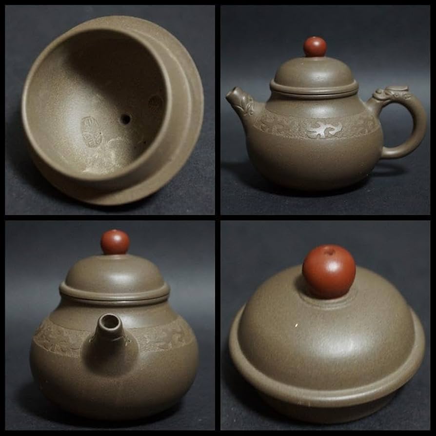 中国工芸師 顧鵬程造 栄天紫砂壺 細工彫り『龍文』 原鉱泥手造り急須