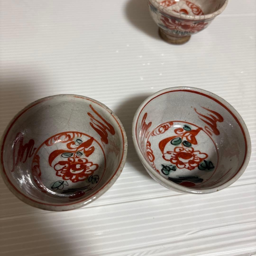 京焼 尾形周平造 赤絵煎茶碗 六個 骨董品 色絵七宝松竹玉