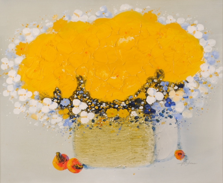 あき 星＊平山講平 花瓶の黄花図 油絵 インテリア額縁 F20 直筆サイン