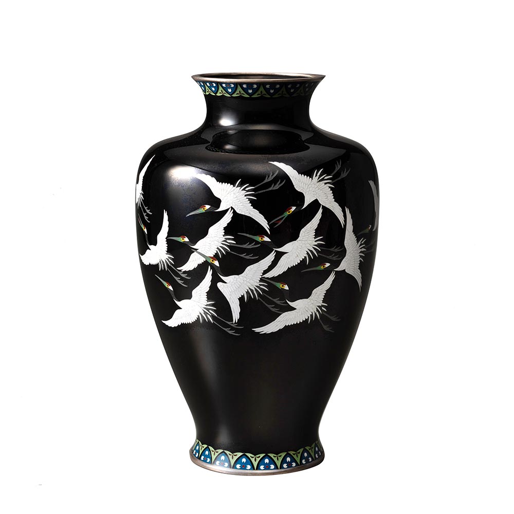 七宝焼 粂野締太郎造 鶴文 花瓶 共箱 M R9266 七宝焼 粂野締太郎造 鶴