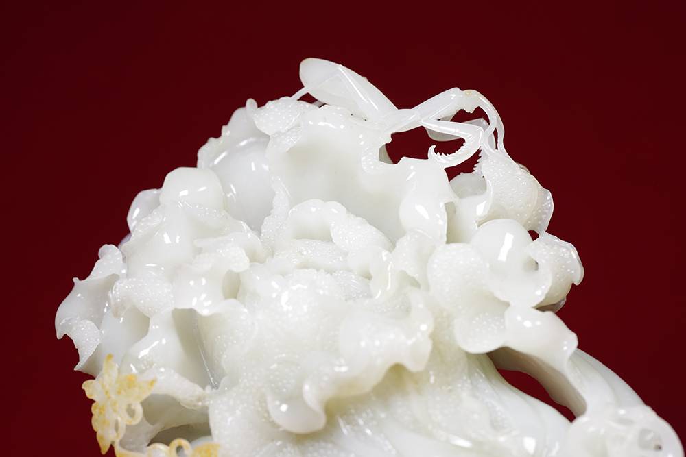 中国 玉石白玉彫刻 桃形 水孟 筆洗 唐木台・時代箱付 V R7093 中国