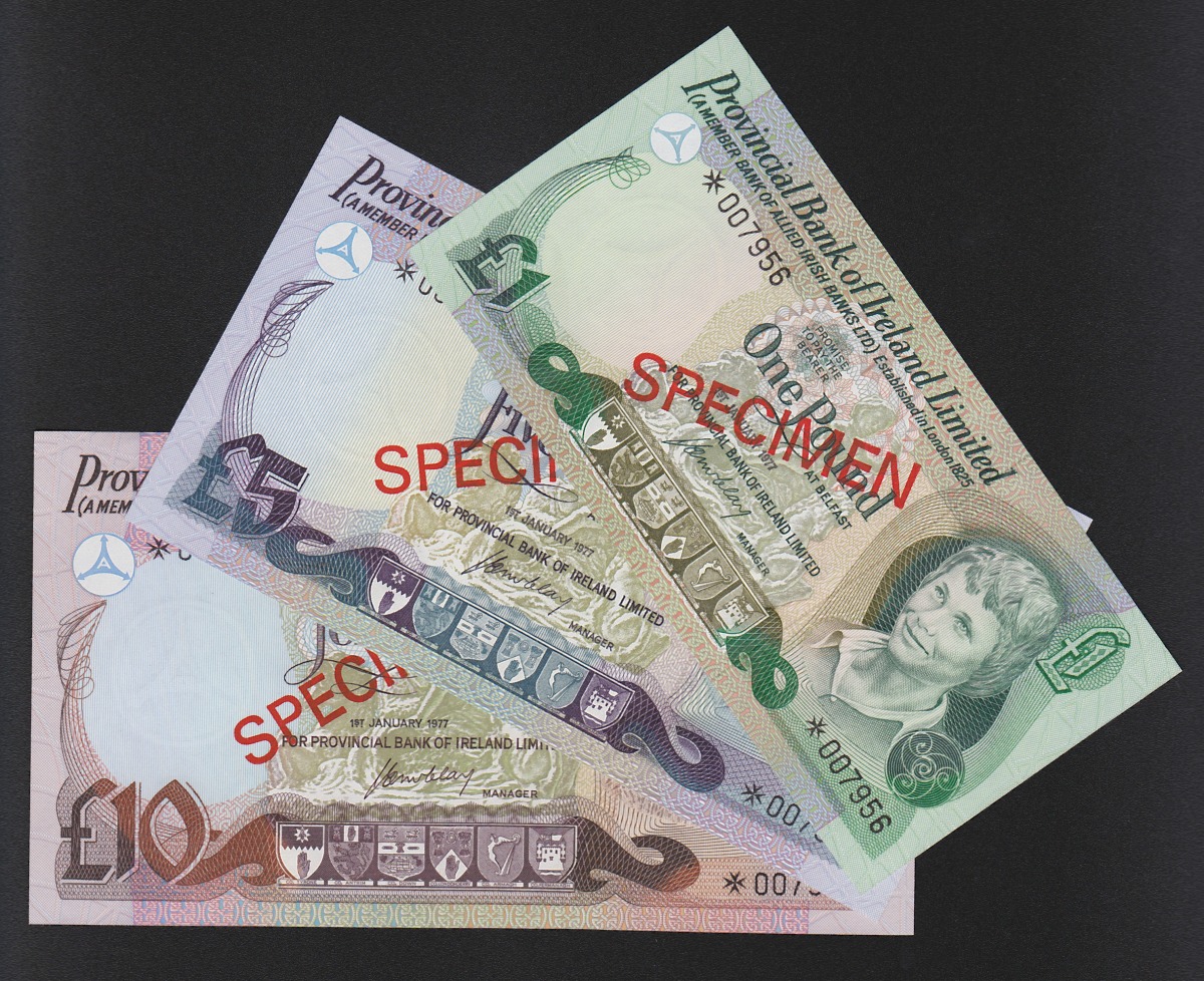 アイルランド 1-5-10ポンド 1977年銘 見本券No.007965 完未品/3枚組