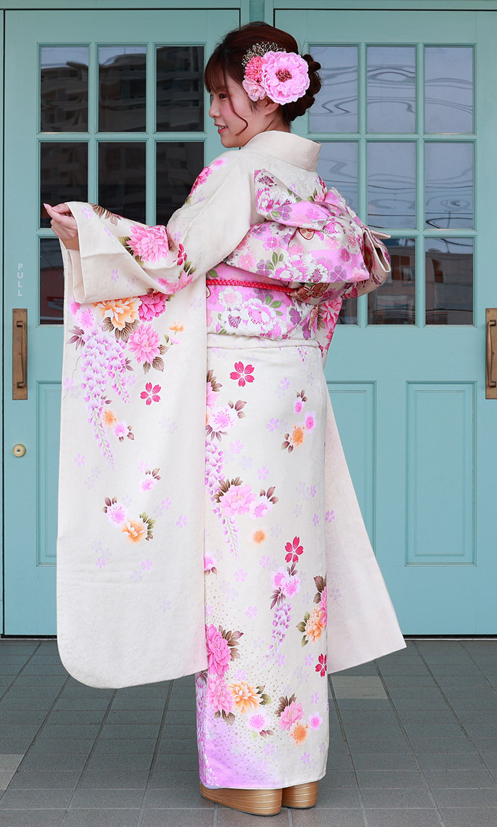 振袖レンタル 成人式 高級正絹 FS-089 白 牡丹 藤の花 振袖 レンタル