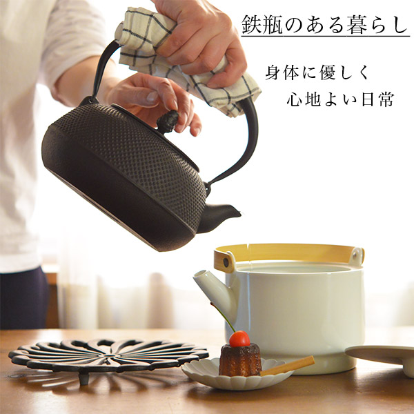 岩鋳（IWACHU） 鉄瓶 平丸アラレ 黒焼付 IH対応 18型 1700ml（1.7L