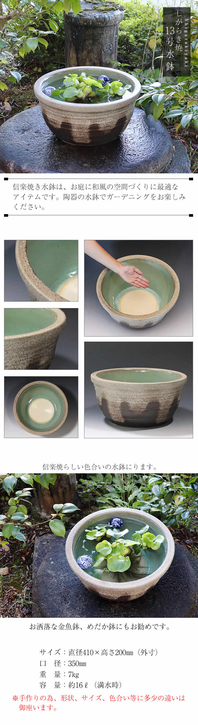 信楽焼 睡蓮鉢 メダカ鉢 おしゃれ めだか鉢 陶器 水鉢 ビオトープ