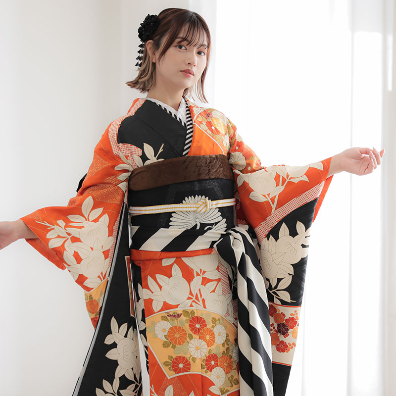 振袖 レンタル 成人式 結婚式 オレンジ×黒 扇面に橘12月〜1月利用 対応