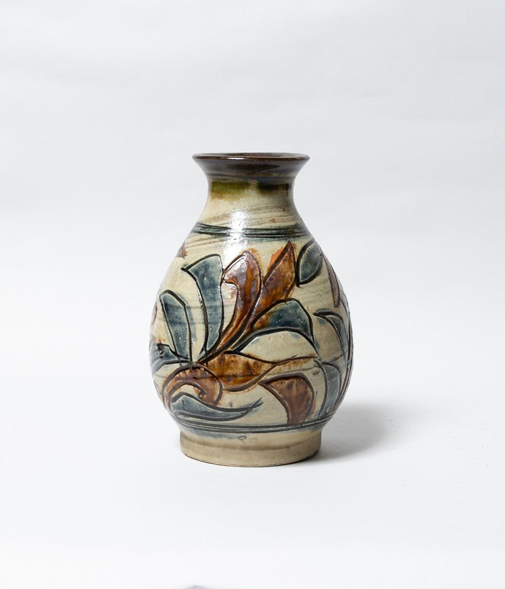 花瓶□城楽 窯院 人物 魚耳付き 染付け 唐草 花器 希少 古玩 時代物