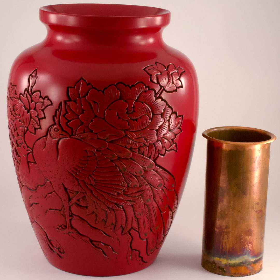 中国 紫砂 朱泥 梅に鳥彫 花瓶 在銘 V R6460 【公式通販】