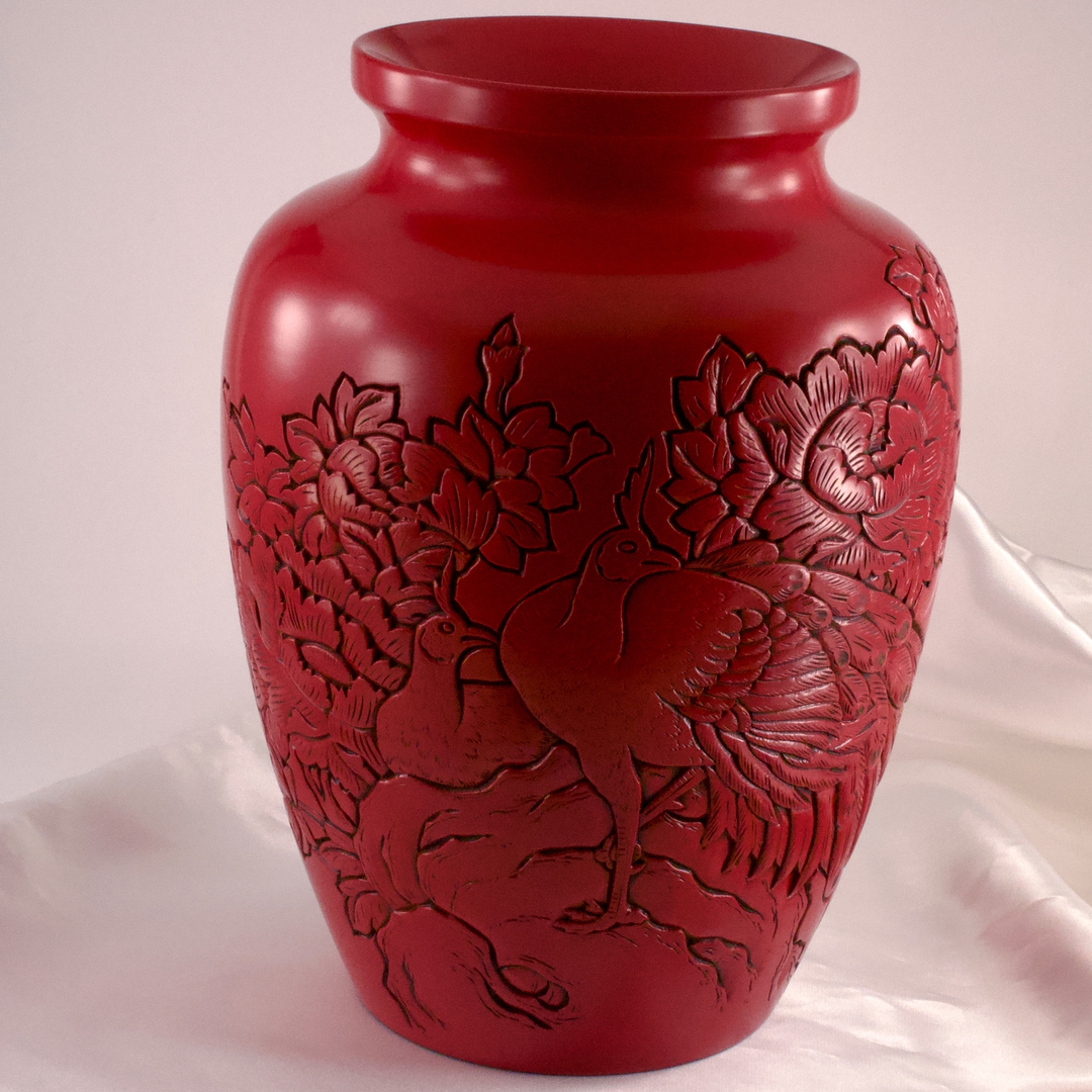 越後村上堆朱 山水図大花瓶 共箱付き 【公式通販】