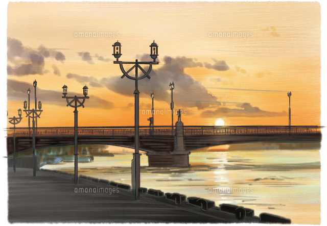 黄金色に染まる幣舞橋と釧路川[10790020879]の写真・イラスト素材