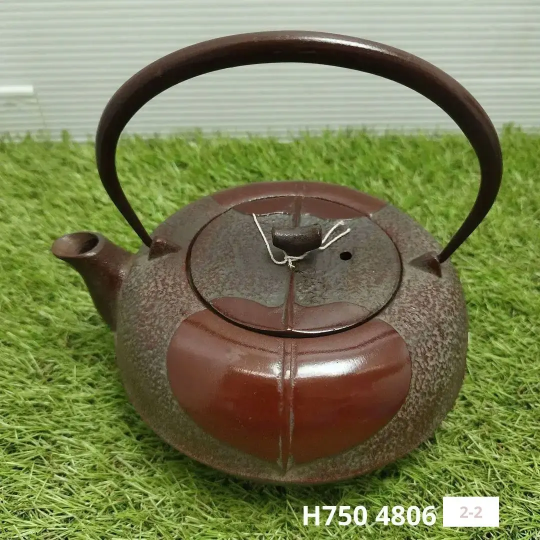 砂鉄 岩蟹像嵌付鉄瓶 銅蓋 共箱付 0.9リットル 茶道具 茶道