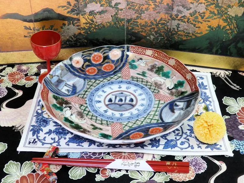 古伊万里 色絵 青海波にお福さんの図 角皿 2客 C084AS-DAa 献上手古