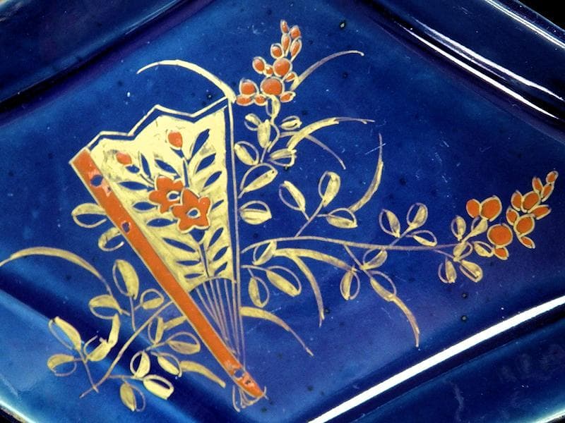 古伊万里 瑠璃 扇に桔梗の図 菱形変形皿 2客 D039AS-DAm