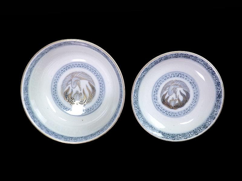 古伊万里 金襴手 亀甲に青海波 舞鶴の図 蓋茶碗 2客 E086AS-