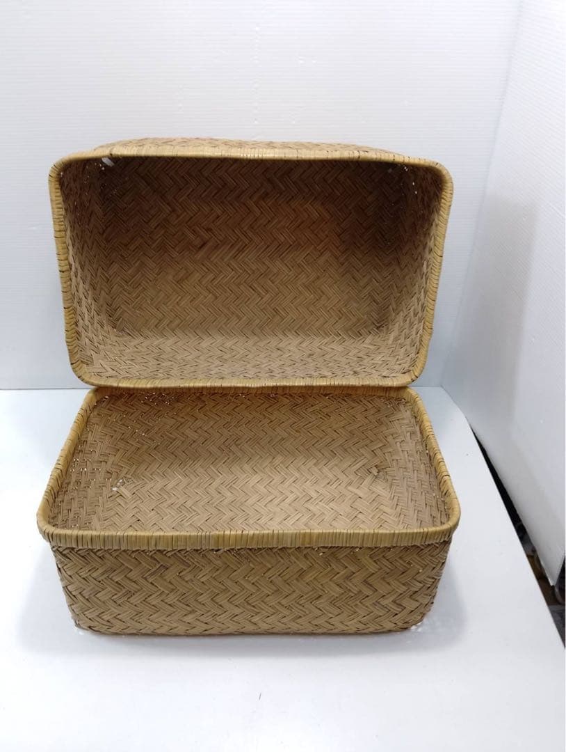 大型】竹行李 網代編み 蓋付き 竹籠 収納バスケット 昭和レトロ 衣装籠
