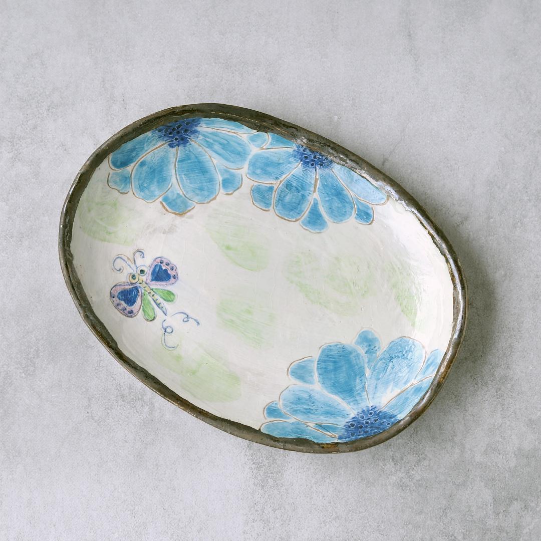 アンティーク ジアン Gien「MAI」オーバル皿 青絵・花と蝶 GIEN ジアン