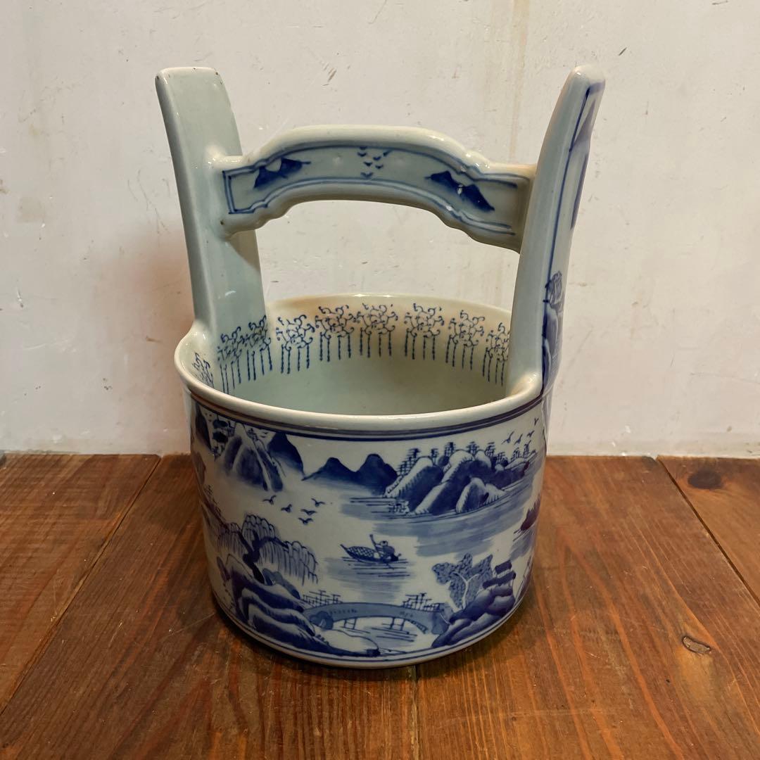 美品 陶器 時代物 染付 山水画 文手桶 花入 当時物 古道具