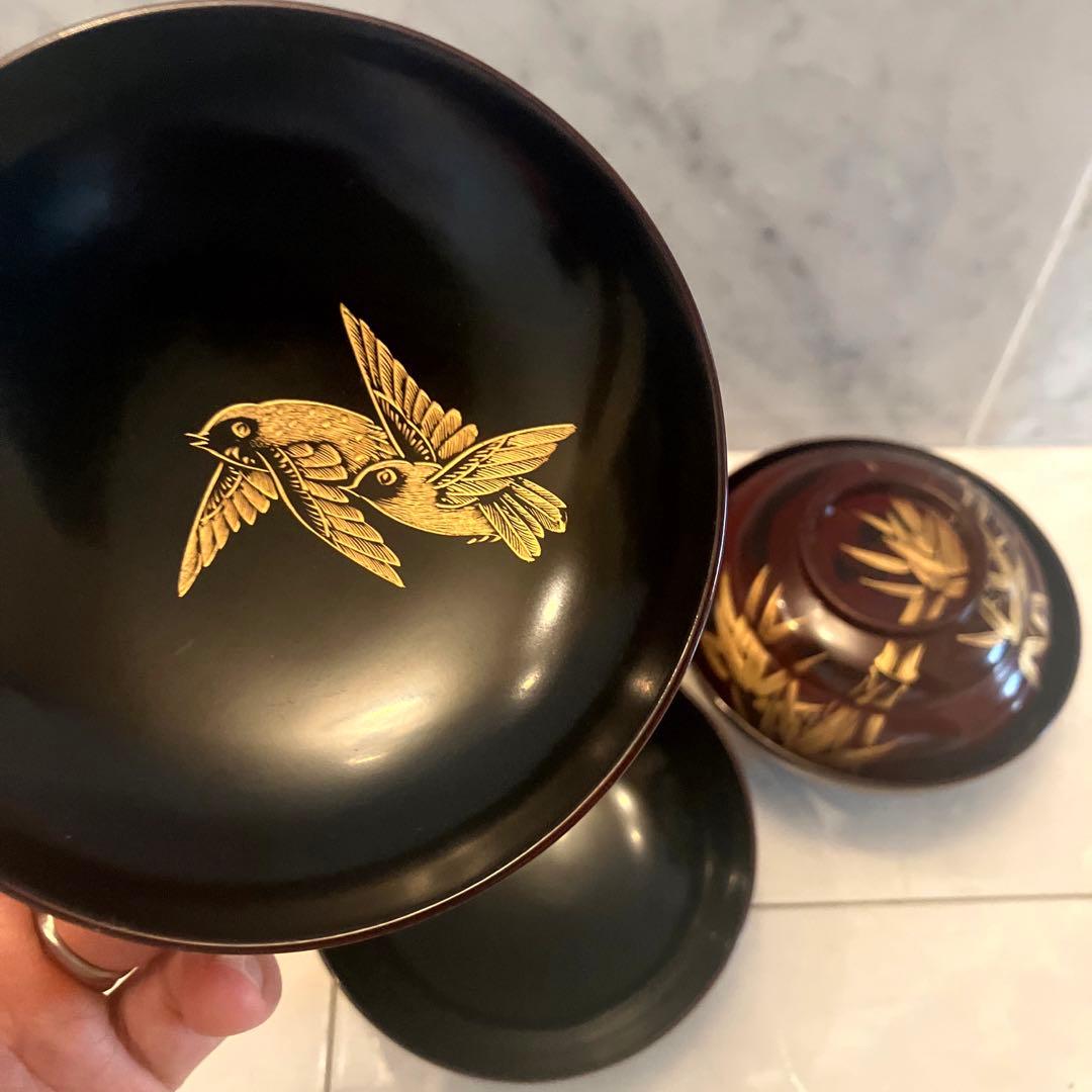 アンティーク大正時代 金彩のスズメや上品な竹が美し過ぎる木製輪島