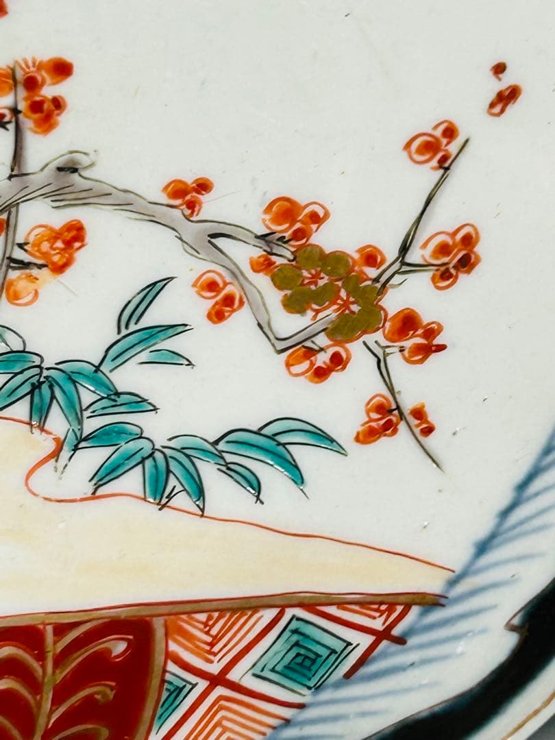 古伊万里 色絵 金襴手 松竹梅 鶴 輪花 七寸皿 5枚 21.5㎝ 窓絵 帆舟の