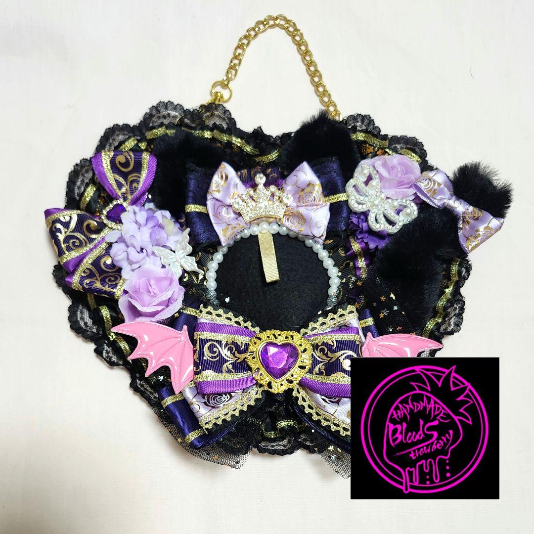 ハート型缶バッチ1個用痛ロゼット、紫×ブラック×ゴールド、ネコみみ