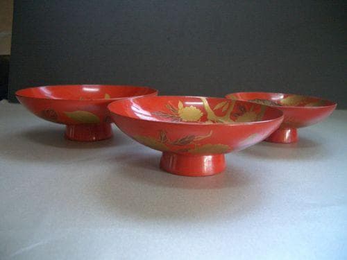 お値下げ 輪島塗 金蒔絵 花鳥 松に鶴紋様 三重盃 朱塗 漆器 盃