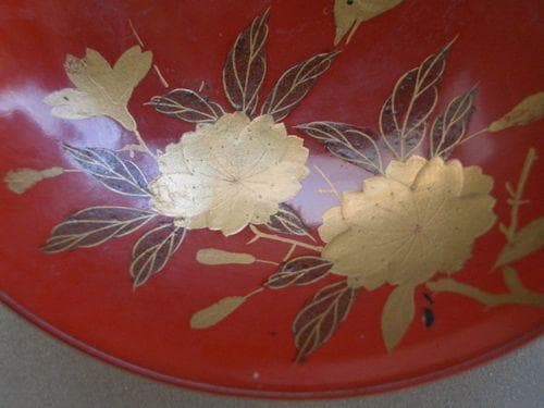 お値下げ！輪島塗 金蒔絵 花鳥 松に鶴紋様 三重盃 朱塗 漆器 盃杯 酒器