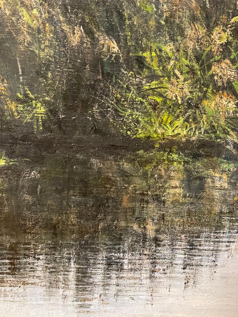 真作」真殿靖「水郷(安土八幡)」風景画 油彩画 額装 サイン有り P20号