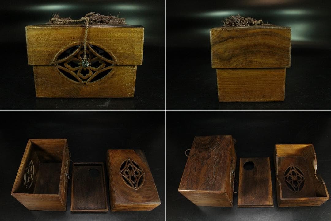 遠州流 桑 七宝透かし 黒柿 茶箱 美品 綺麗寂 時代仕服付(K-A344