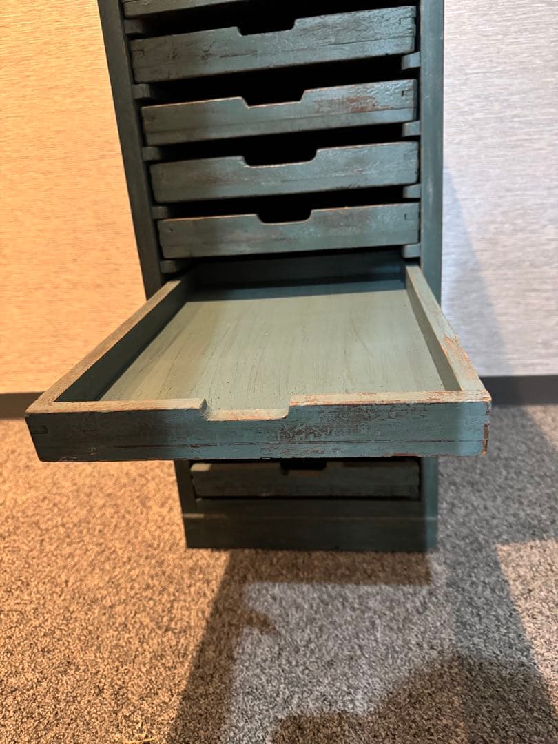 ビンテージ グリーン収納ボックス 木製10段引き出し レターケース 工具