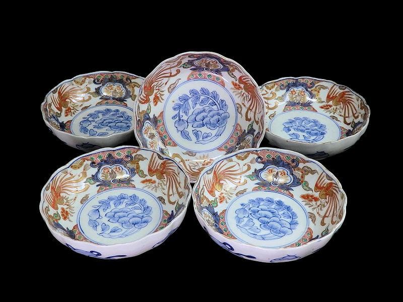 古伊万里　色絵　鳳凰に牡丹の図　膾皿　５客　C380AS-CZf 古伊万里 色絵 鳳凰に牡丹の図 膾皿 5客 C380AS-CZf 美術品・