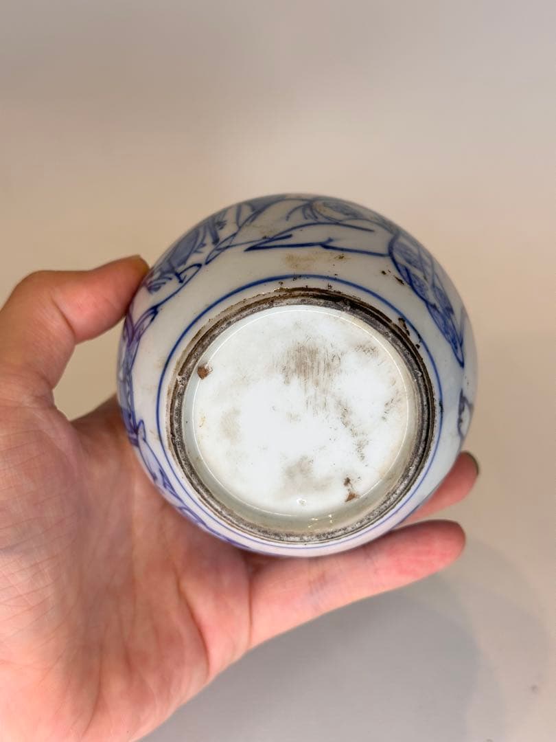 中国清代 人物染付茶葉缶 錫蓋 二重蓋 手描き 古美術 中国古