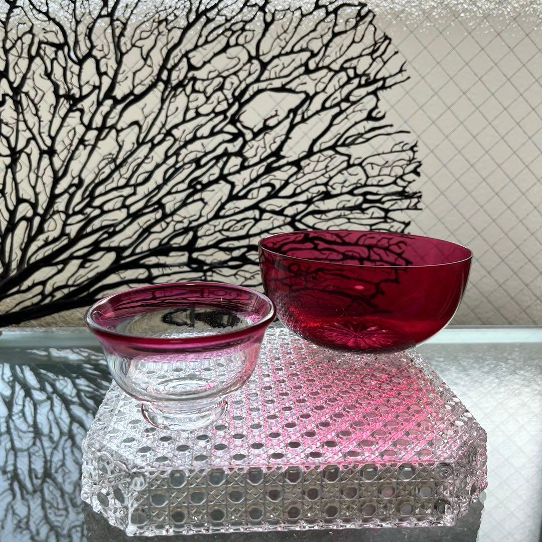 骨董 時代ガラス 金赤フチ 希少 桃色リップ 反り口 碗型 豆鉢 小鉢