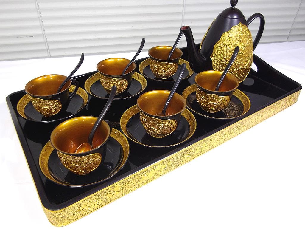 中国 漆芸 漆器 漆塗り 茶器揃い ティーカップセット 木製浮き彫り金