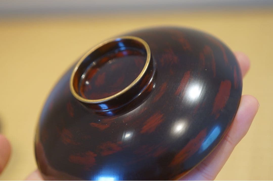 明治期 輪島塗 工房印有 三日月に蝙蝠蒔絵 溜塗 吸物椀 2客/木製漆器 茶懐石