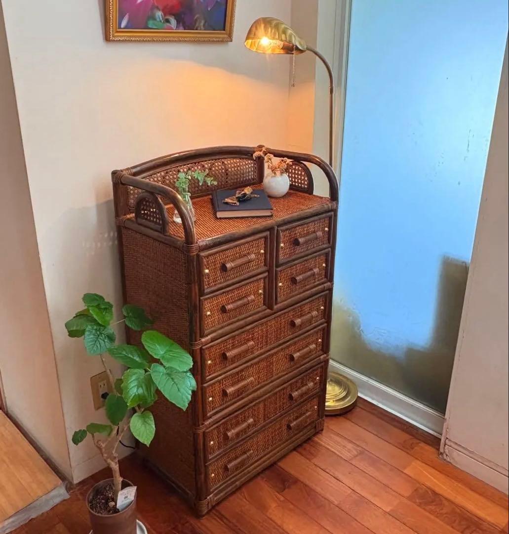 ラタン チェスト 8杯引き出し ヴィンテージ 籐家具 真鍮鋲付き バンブー